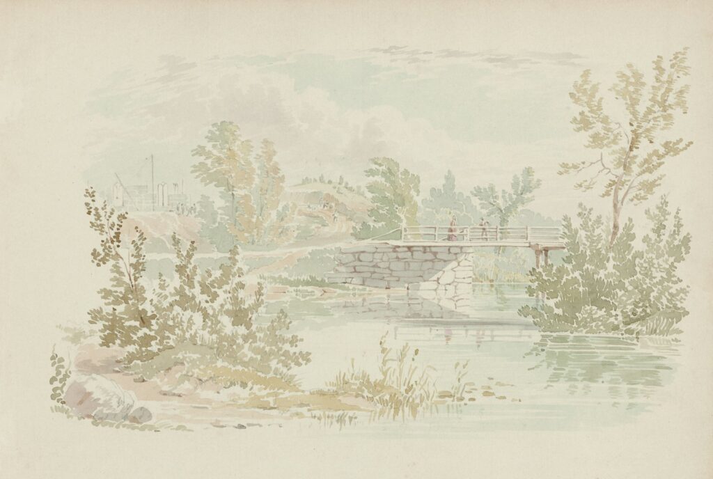 A watercolor painting of a bridge over water.